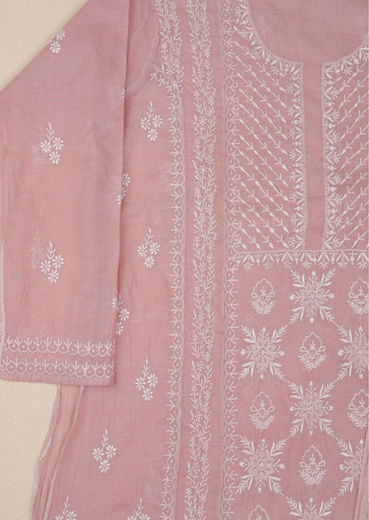 Firgun Mauve Pink Lucknowi Chikankari Mul Chanderi Unstitched Kurta & Dupatta Set
