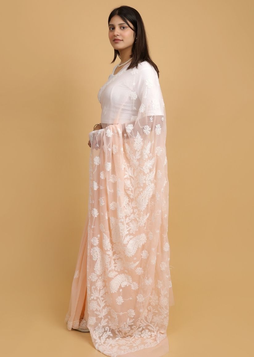 Firgun Peach Lucknowi Chikankari Georgette Saree with Unstitched Blouse Piece