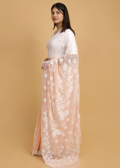 Firgun Peach Lucknowi Chikankari Georgette Saree with Unstitched Blouse Piece