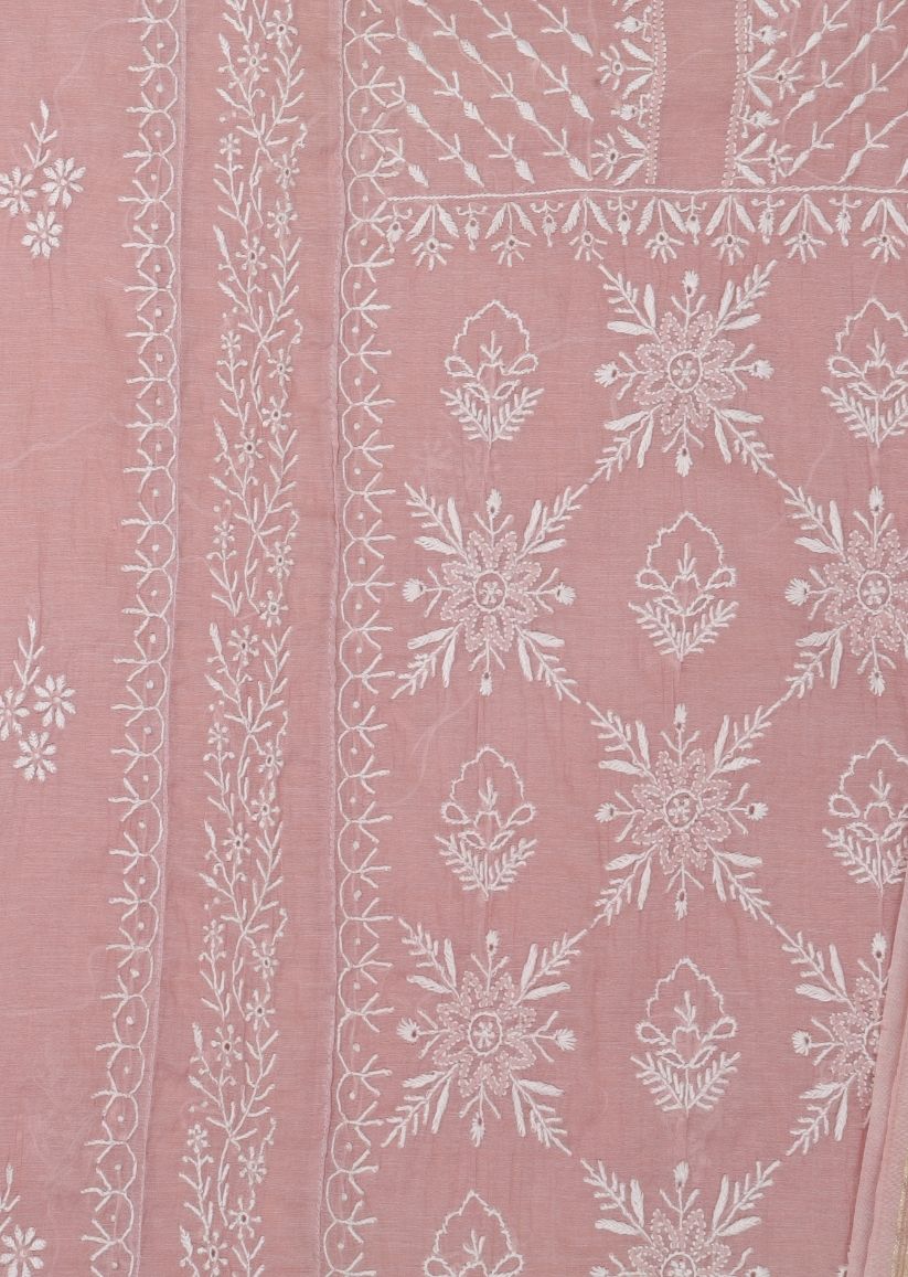 Firgun Mauve Pink Lucknowi Chikankari Mul Chanderi Unstitched Kurta & Dupatta Set