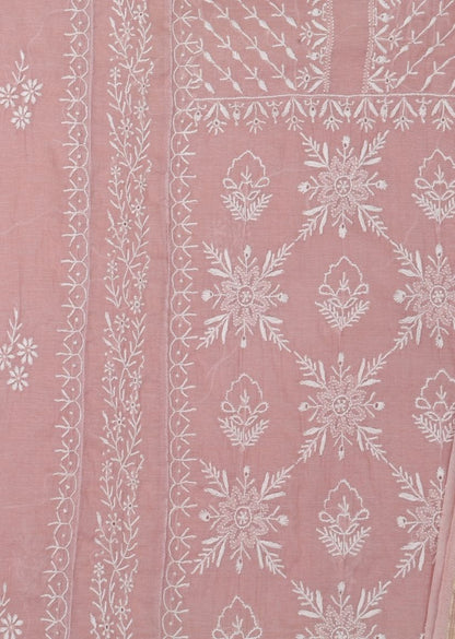 Firgun Mauve Pink Lucknowi Chikankari Mul Chanderi Unstitched Kurta & Dupatta Set