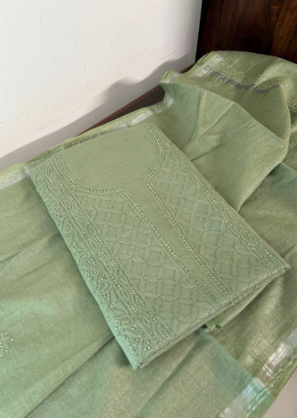 Firgun Pista Green Lucknowi Chikankari Chanderi Silver Tissue Kurta Dupatta Set