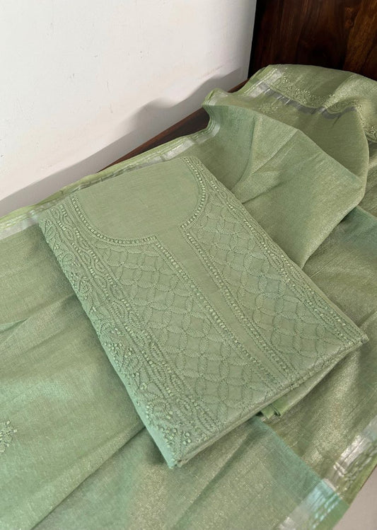 Firgun Pista Green Lucknowi Chikankari Chanderi Silver Tissue Kurta Dupatta Set