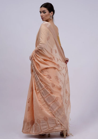 Firgun Peach Lucknowi Chikankari Chanderi Tissue Saree with Unstitched Blouse Piece