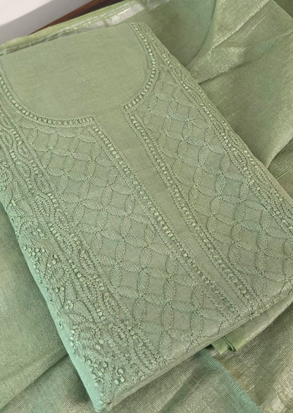 Firgun Pista Green Lucknowi Chikankari Chanderi Silver Tissue Kurta Dupatta Set