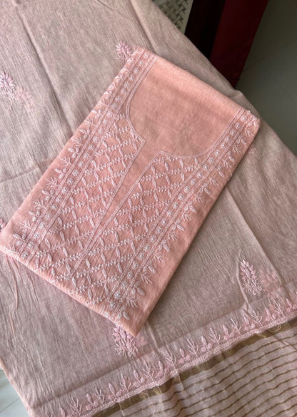 Firgun Peach Lucknowi Chikankari Mul Chanderi Unstitched Kurta & Dupatta Set