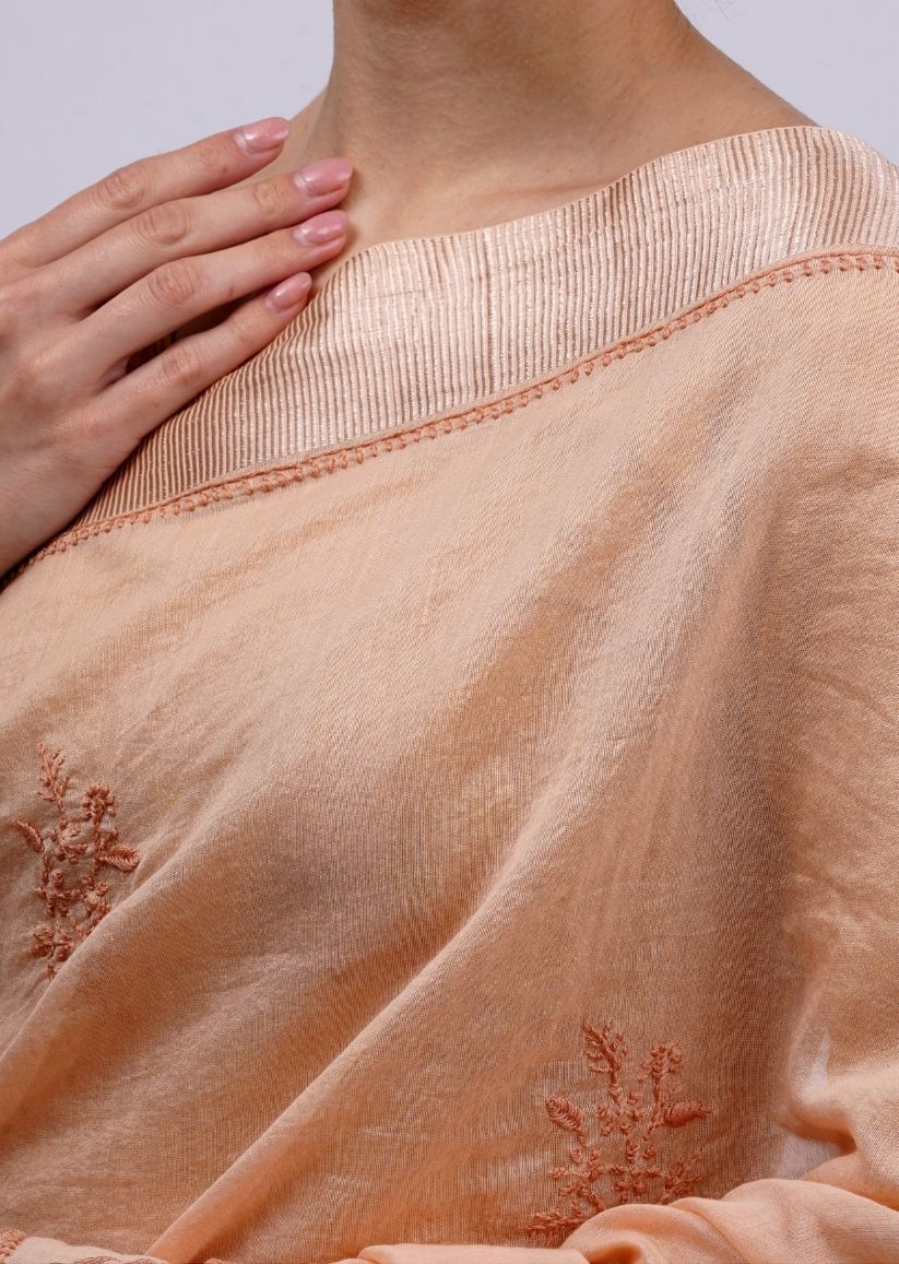 Firgun Peach Lucknowi Chikankari Chanderi Tissue Saree with Unstitched Blouse Piece