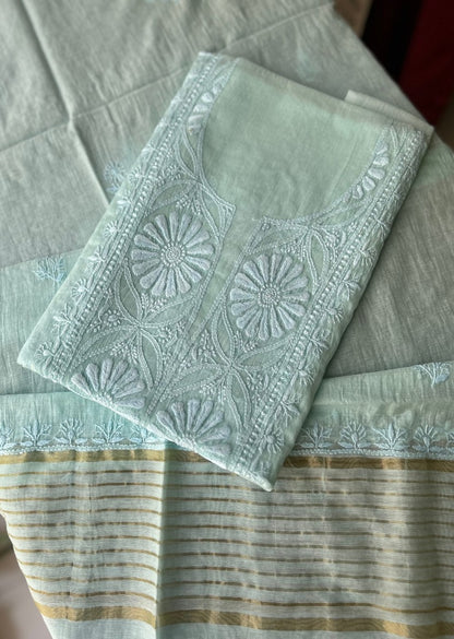 Firgun Powder Blue Lucknowi Chikankari Mul Chanderi Unstitched Kurta & Dupatta Set