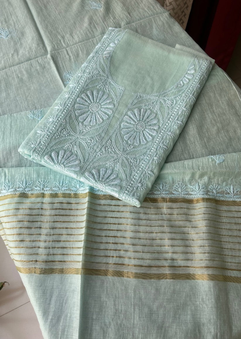 Firgun Powder Blue Lucknowi Chikankari Mul Chanderi Unstitched Kurta & Dupatta Set