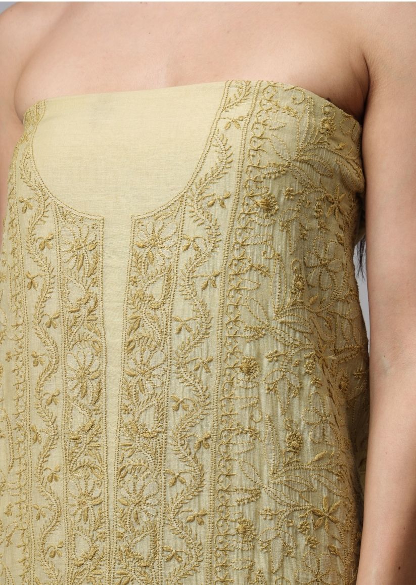 Firgun Mehendi Green Lucknowi Chikankari Mul Chanderi Unstitched Kurta & Dupatta Set