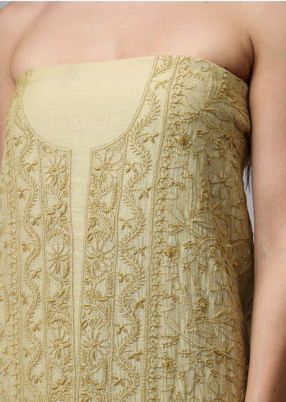 Firgun Mehendi Green Lucknowi Chikankari Mul Chanderi Unstitched Kurta & Dupatta Set