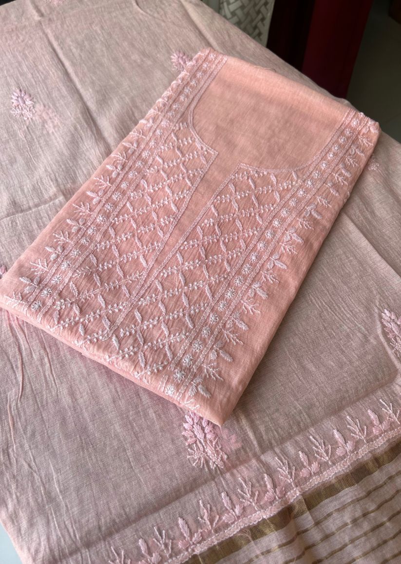 Firgun Peach Lucknowi Chikankari Mul Chanderi Unstitched Kurta & Dupatta Set