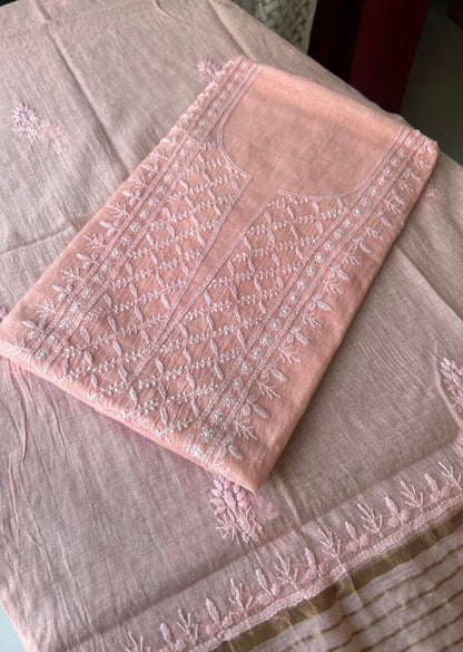 Firgun Peach Lucknowi Chikankari Mul Chanderi Unstitched Kurta & Dupatta Set