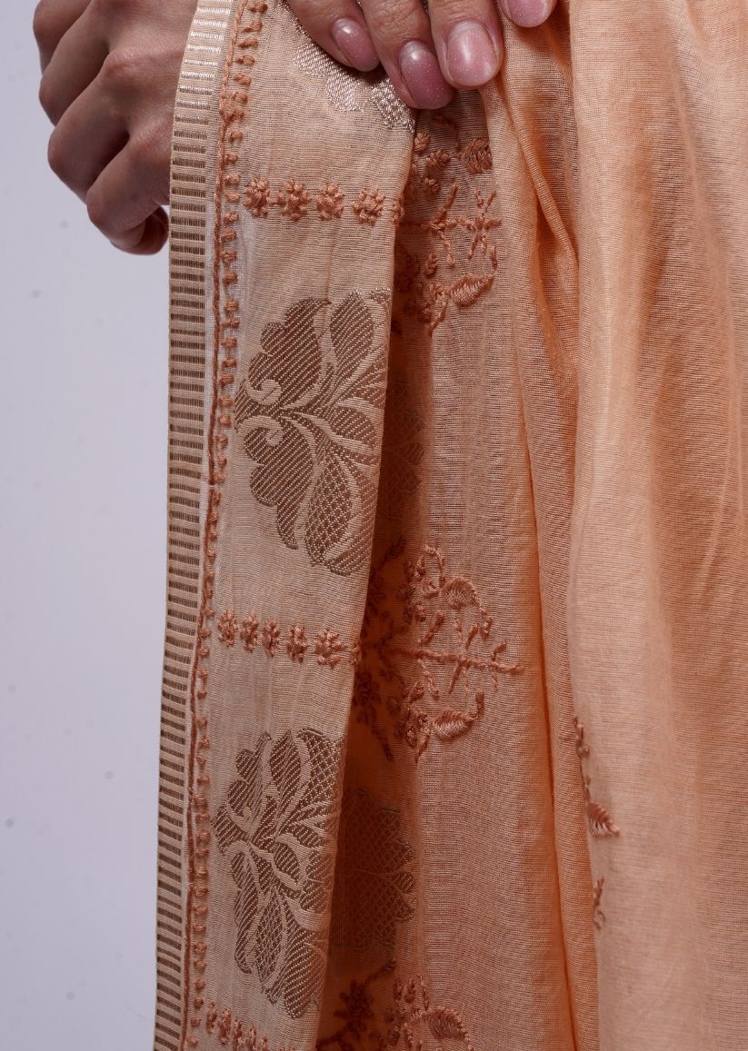 Firgun Peach Lucknowi Chikankari Chanderi Tissue Saree with Unstitched Blouse Piece