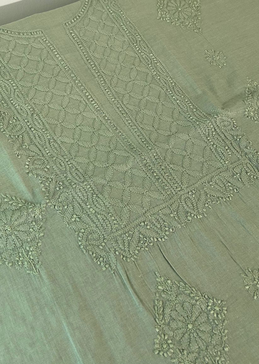 Firgun Pista Green Lucknowi Chikankari Chanderi Silver Tissue Kurta Dupatta Set