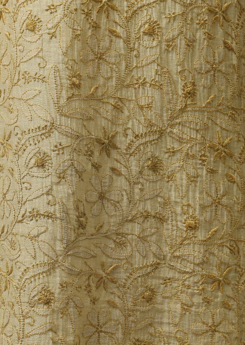 Firgun Mehendi Green Lucknowi Chikankari Mul Chanderi Unstitched Kurta & Dupatta Set