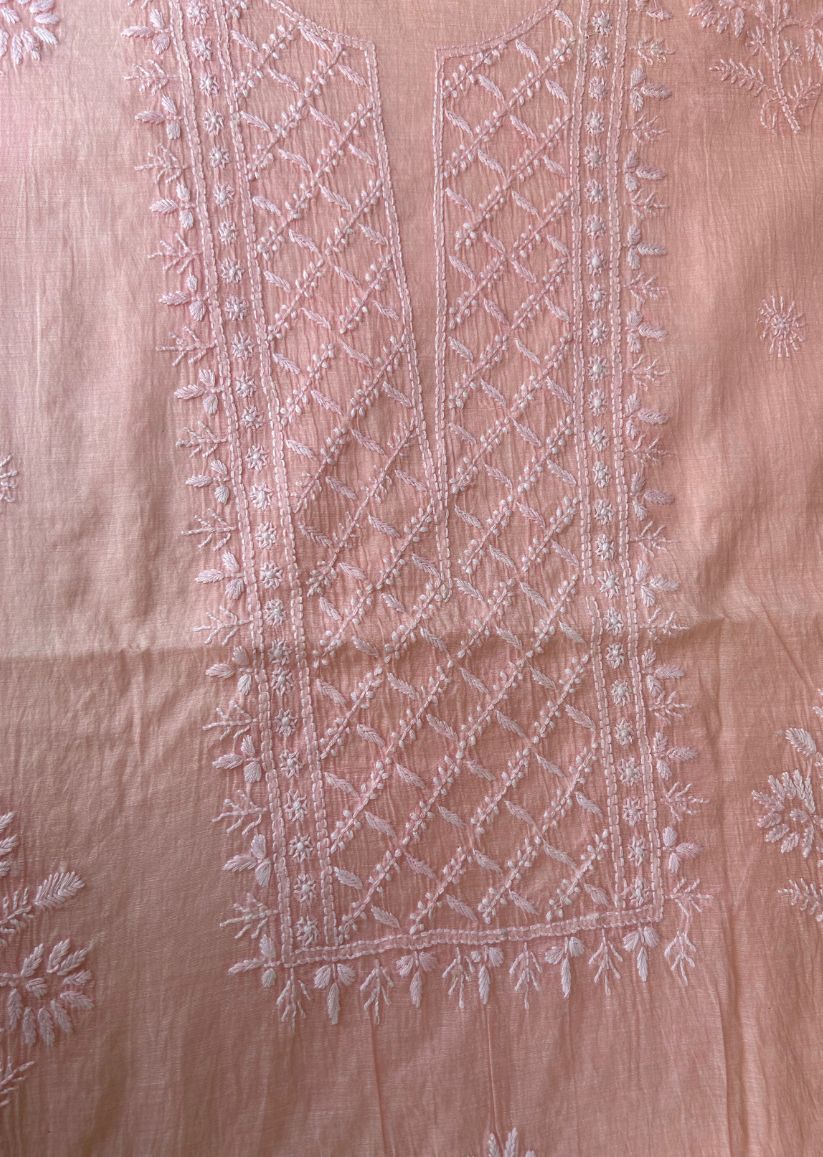 Firgun Peach Lucknowi Chikankari Mul Chanderi Unstitched Kurta & Dupatta Set