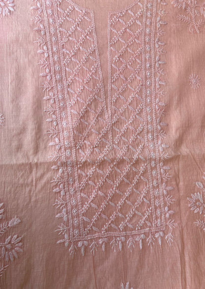 Firgun Peach Lucknowi Chikankari Mul Chanderi Unstitched Kurta & Dupatta Set