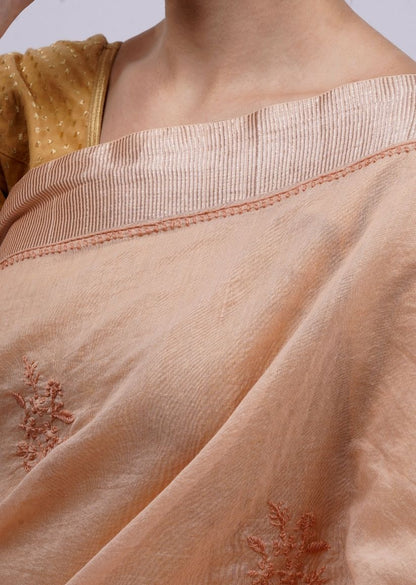 Firgun Peach Lucknowi Chikankari Chanderi Tissue Saree with Unstitched Blouse Piece