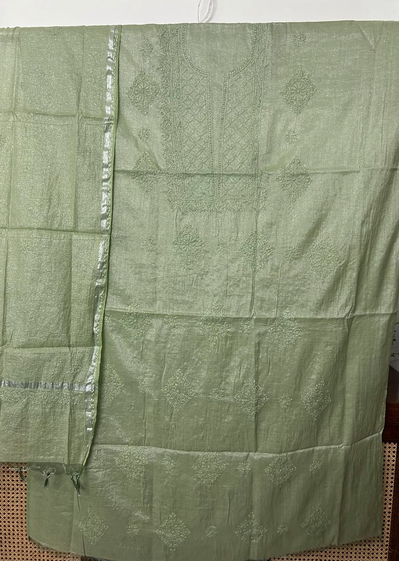 Firgun Pista Green Lucknowi Chikankari Chanderi Silver Tissue Kurta Dupatta Set