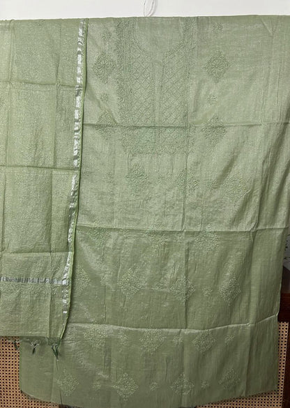 Firgun Pista Green Lucknowi Chikankari Chanderi Silver Tissue Kurta Dupatta Set