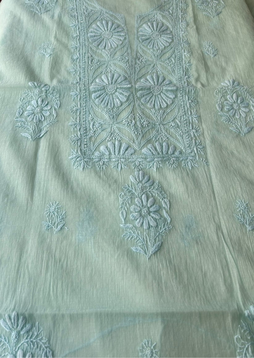 Firgun Powder Blue Lucknowi Chikankari Mul Chanderi Unstitched Kurta & Dupatta Set