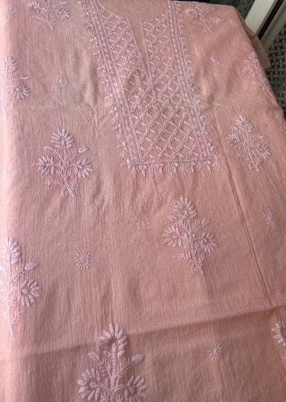Firgun Peach Lucknowi Chikankari Mul Chanderi Unstitched Kurta & Dupatta Set