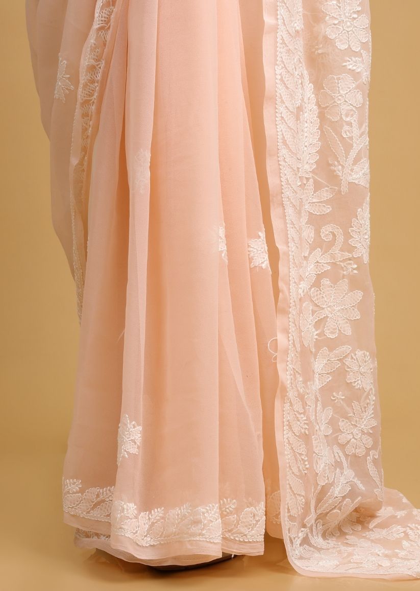 Firgun Peach Lucknowi Chikankari Georgette Saree with Unstitched Blouse Piece