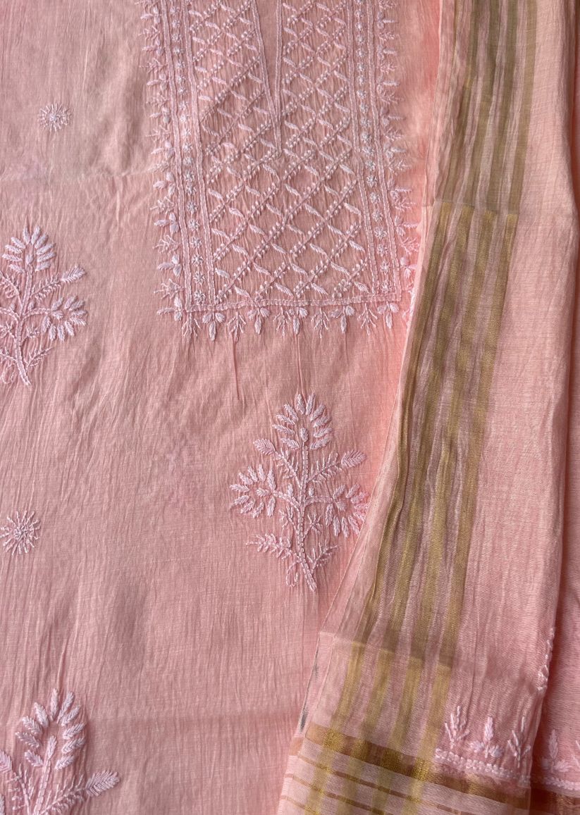 Firgun Peach Lucknowi Chikankari Mul Chanderi Unstitched Kurta & Dupatta Set
