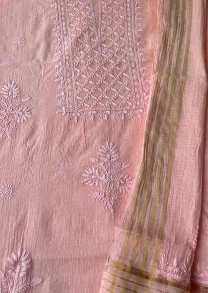 Firgun Peach Lucknowi Chikankari Mul Chanderi Unstitched Kurta & Dupatta Set