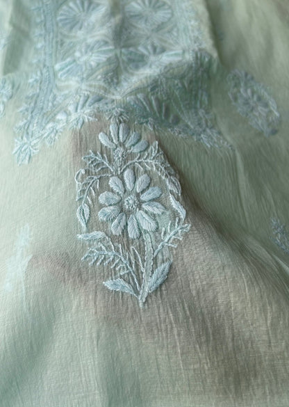 Firgun Powder Blue Lucknowi Chikankari Mul Chanderi Unstitched Kurta & Dupatta Set