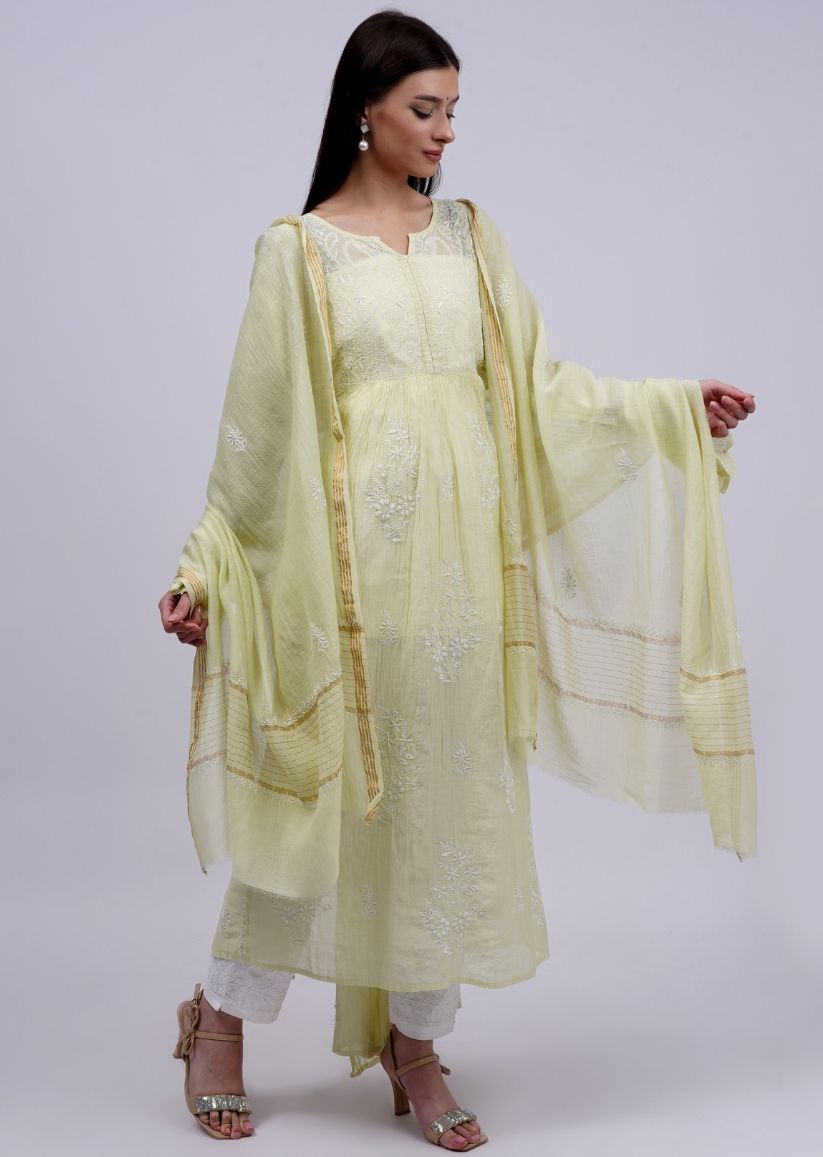 Firgun Pista Green Lucknowi Chikankari Viscose Mul Chanderi Semi-stitched Anarkali & Dupatta Set