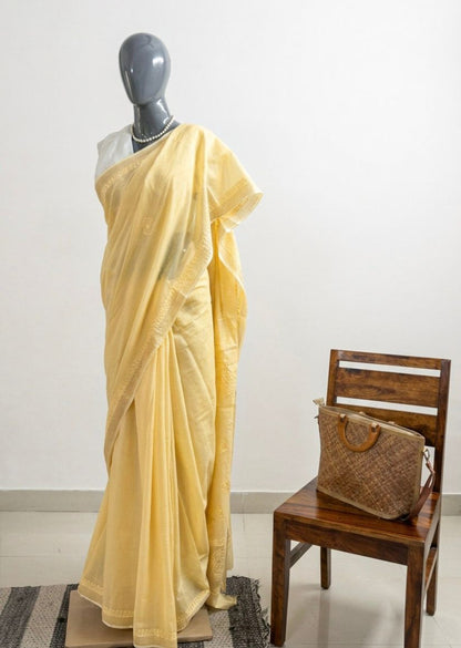Firgun Mustard Lucknowi Chikankari Mul Cotton Saree with Unstitched Blouse Piece
