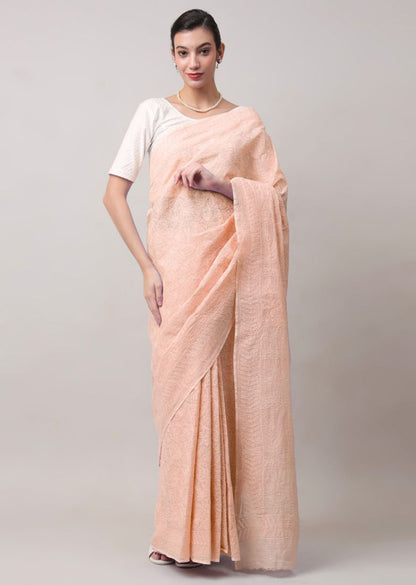 Firgun Hand Embroidered Peach Lucknowi Chikankari Kota Doria Tepchi Work Saree with Blouse Piece