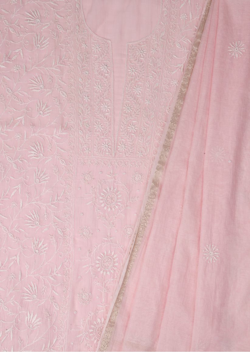 Firgun Baby Pink Lucknowi Chikankari & Pearl Work Mul Chanderi Unstitched Kurta & Dupatta Set