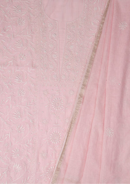 Firgun Baby Pink Lucknowi Chikankari & Pearl Work Mul Chanderi Unstitched Kurta & Dupatta Set