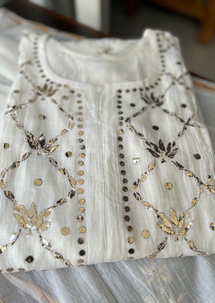 Firgun White Lucknowi Chikankari Mul Chanderi Semi-stitched Anarkali & Dupatta Set