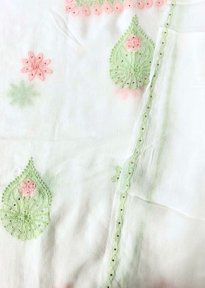 Firgun White Lucknowi Chikankari & Mukaish Work Viscose Georgette Unstitched Kurta & Dupatta Set