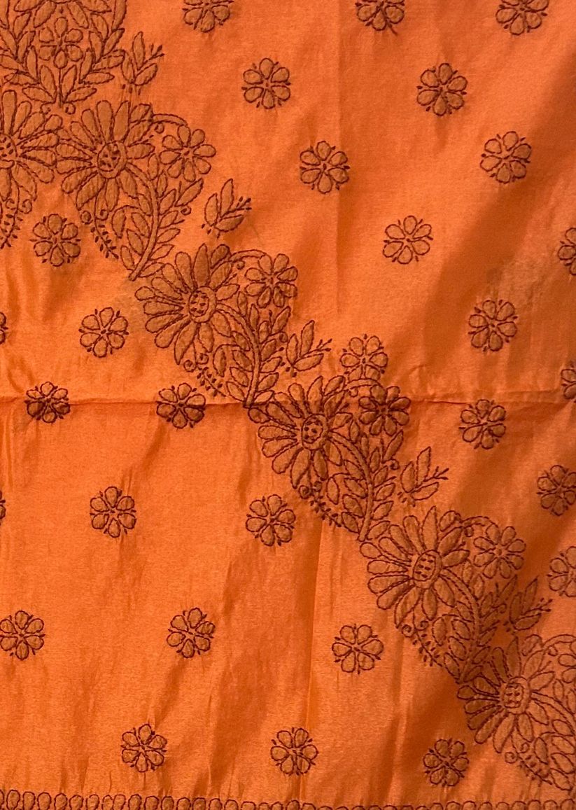 Firgun Tangerine Lucknowi Chikankari Chanderi Saree with Unstitched Blouse Piece