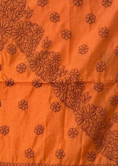 Firgun Tangerine Lucknowi Chikankari Chanderi Saree with Unstitched Blouse Piece