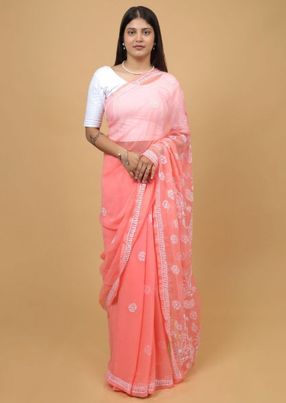 Firgun Salmon Chikankari Georgette Saree with Unstitched Blouse Piece