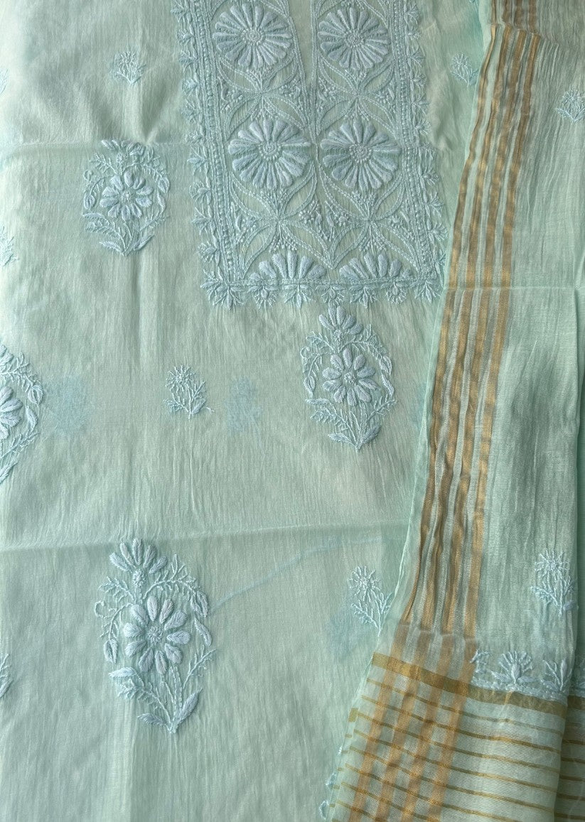 Firgun Powder Blue Lucknowi Chikankari Mul Chanderi Unstitched Kurta & Dupatta Set