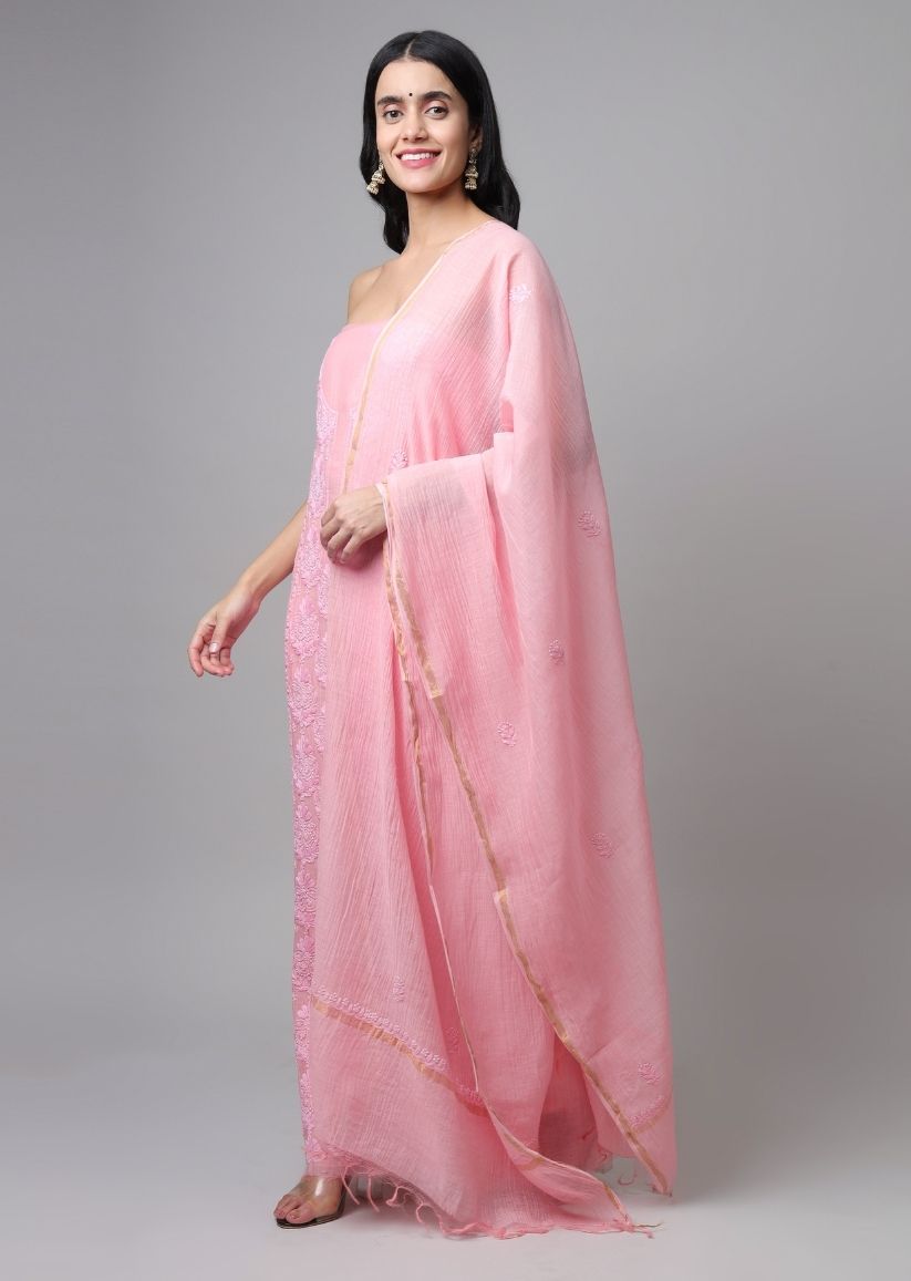 Firgun Rose Pink Lucknowi Chikankari Mul Chanderi Unstitched Kurta & Dupatta Set