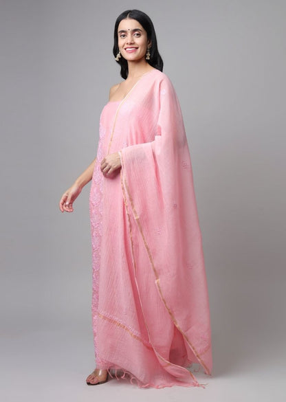 Firgun Rose Pink Lucknowi Chikankari Mul Chanderi Unstitched Kurta & Dupatta Set