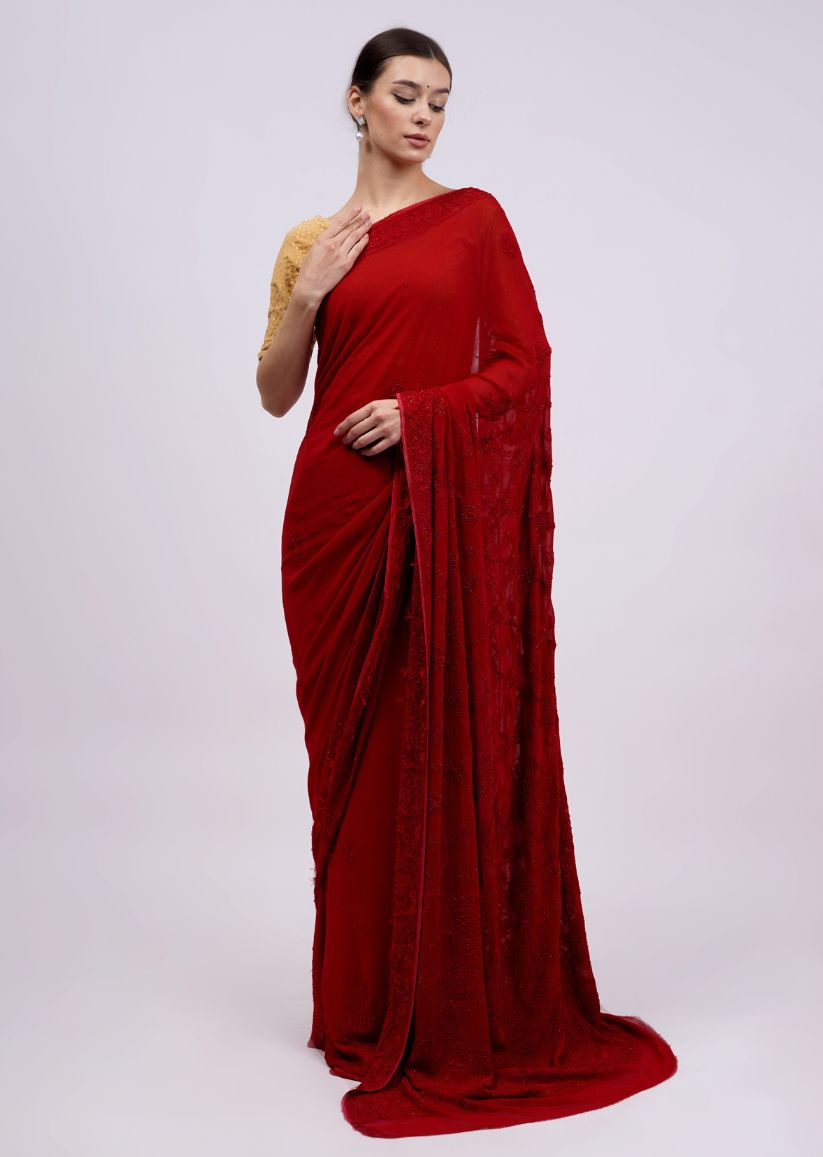 Firgun Red Lucknowi Chikankari Viscose Georgette Saree with Unstitched Blouse Piece