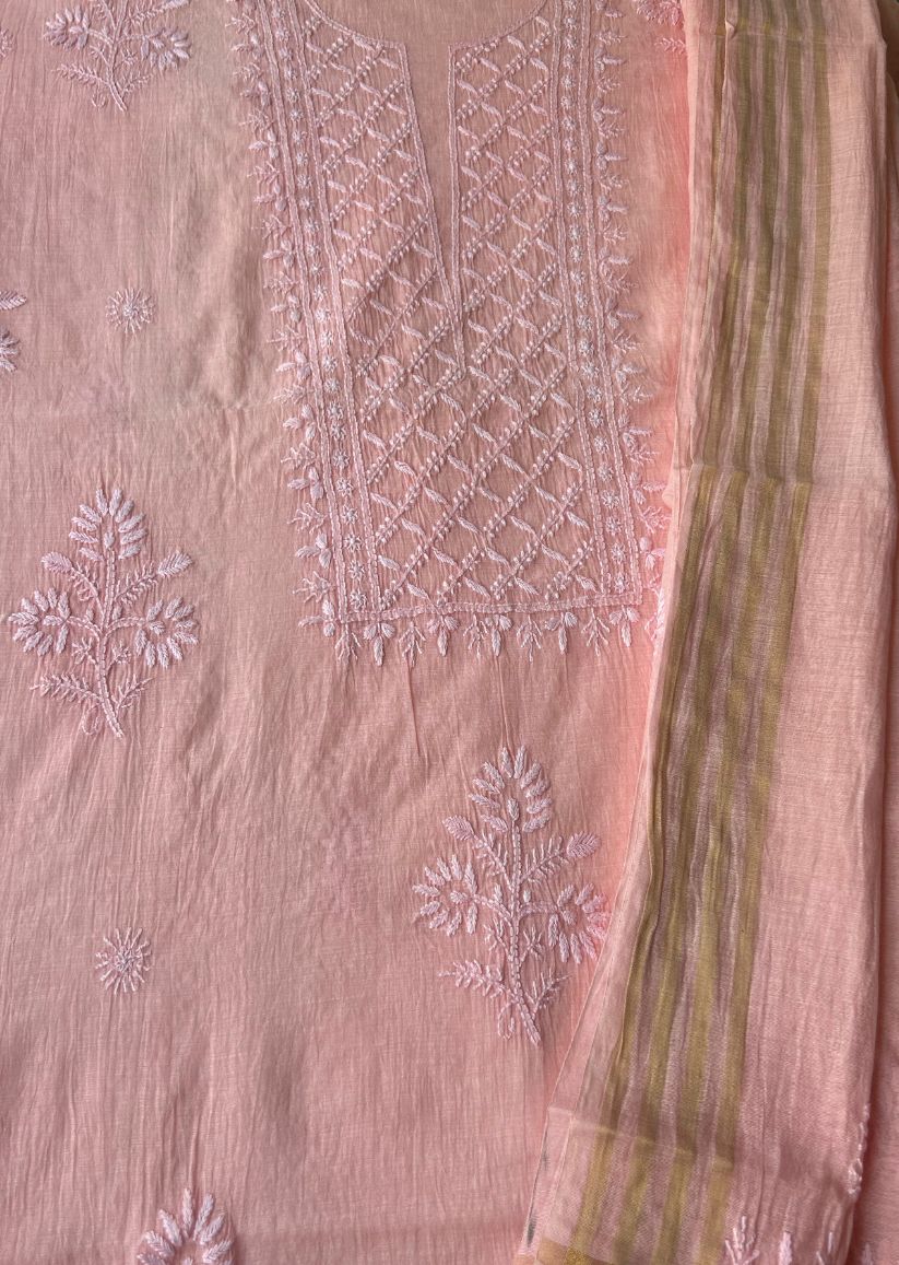 Firgun Peach Lucknowi Chikankari Mul Chanderi Unstitched Kurta & Dupatta Set