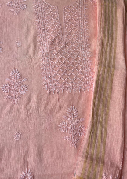 Firgun Peach Lucknowi Chikankari Mul Chanderi Unstitched Kurta & Dupatta Set