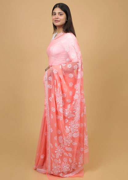 Firgun Salmon Chikankari Georgette Saree with Unstitched Blouse Piece