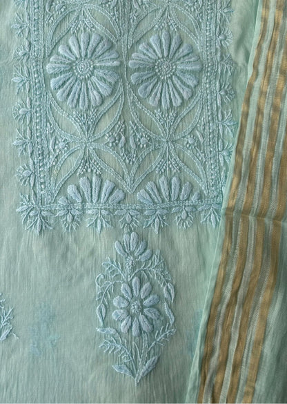 Firgun Powder Blue Lucknowi Chikankari Mul Chanderi Unstitched Kurta & Dupatta Set