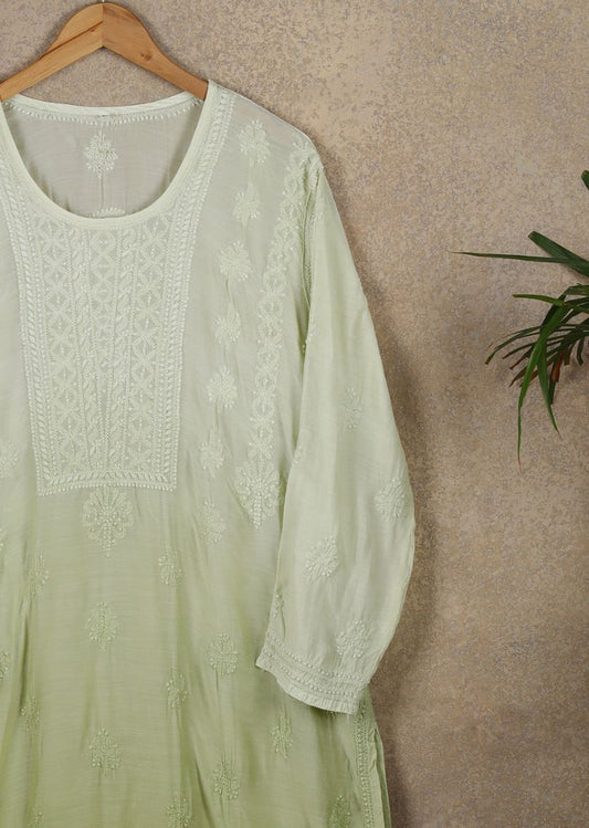 Firgun Green dual shade Lucknowi Chikankari Muslin Kurta